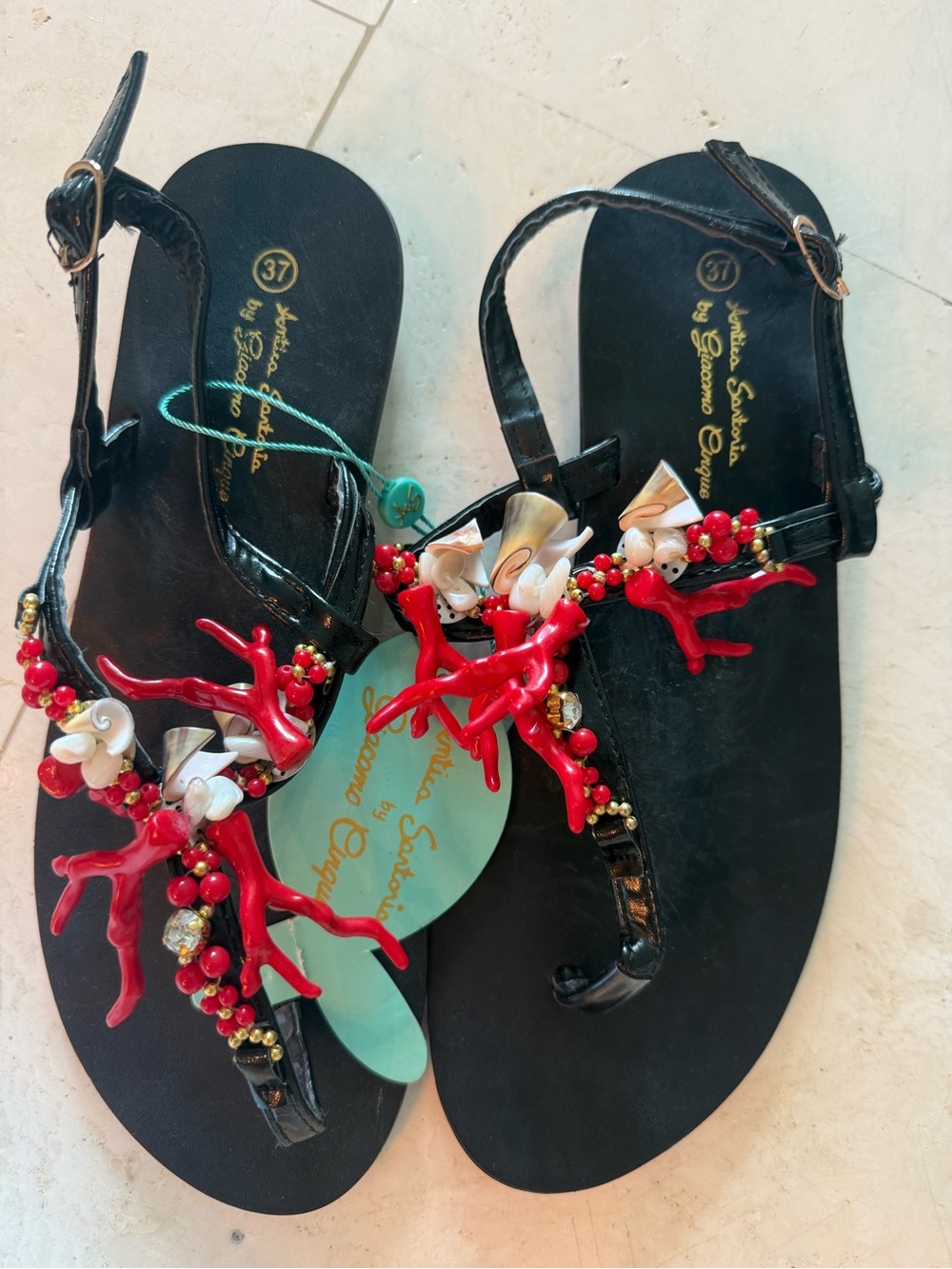 Black Patent Leather Women's Sandals with Red Coral Bead Embellishments